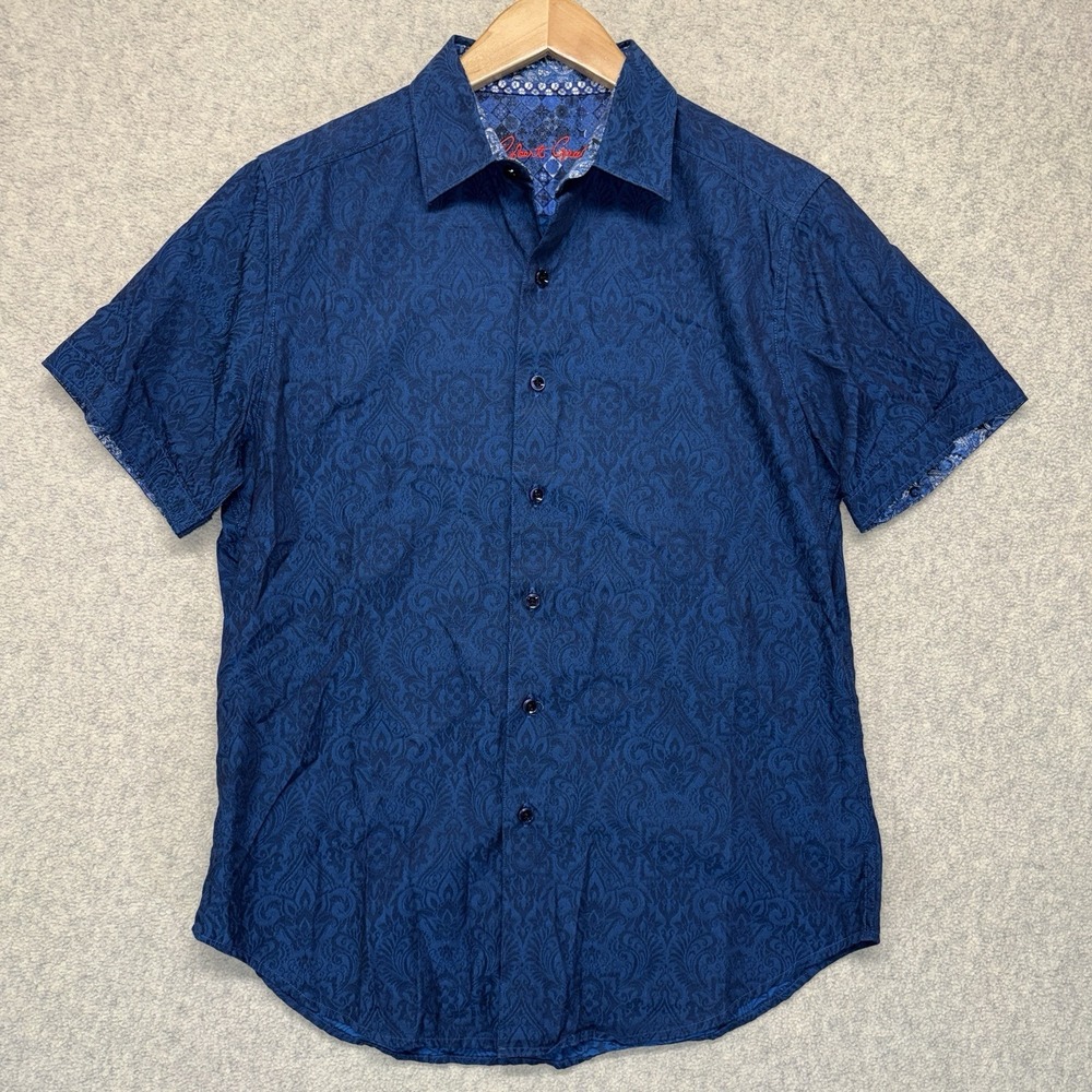 Robert Graham Men's Small Blue Paisley Short Sleeve Button Up Shirt Damask